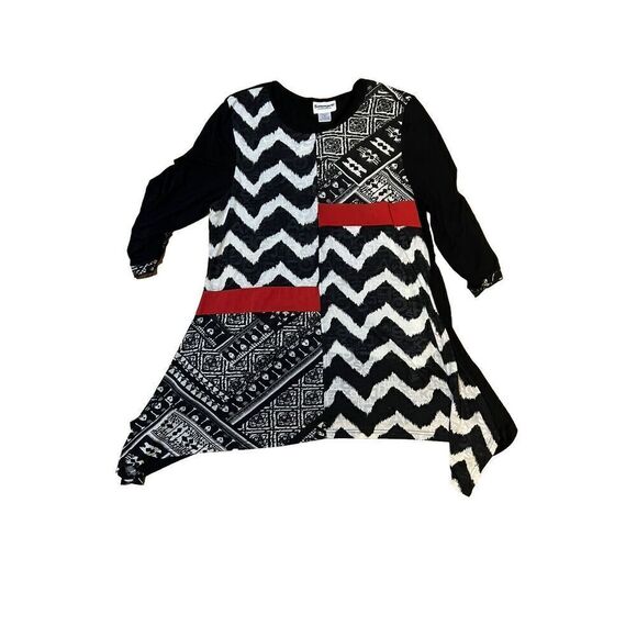 Serengeti Catalog Womens XL Tunic Top Mixed Media Black Red Accents Asymmetrical - Picture 1 of 8